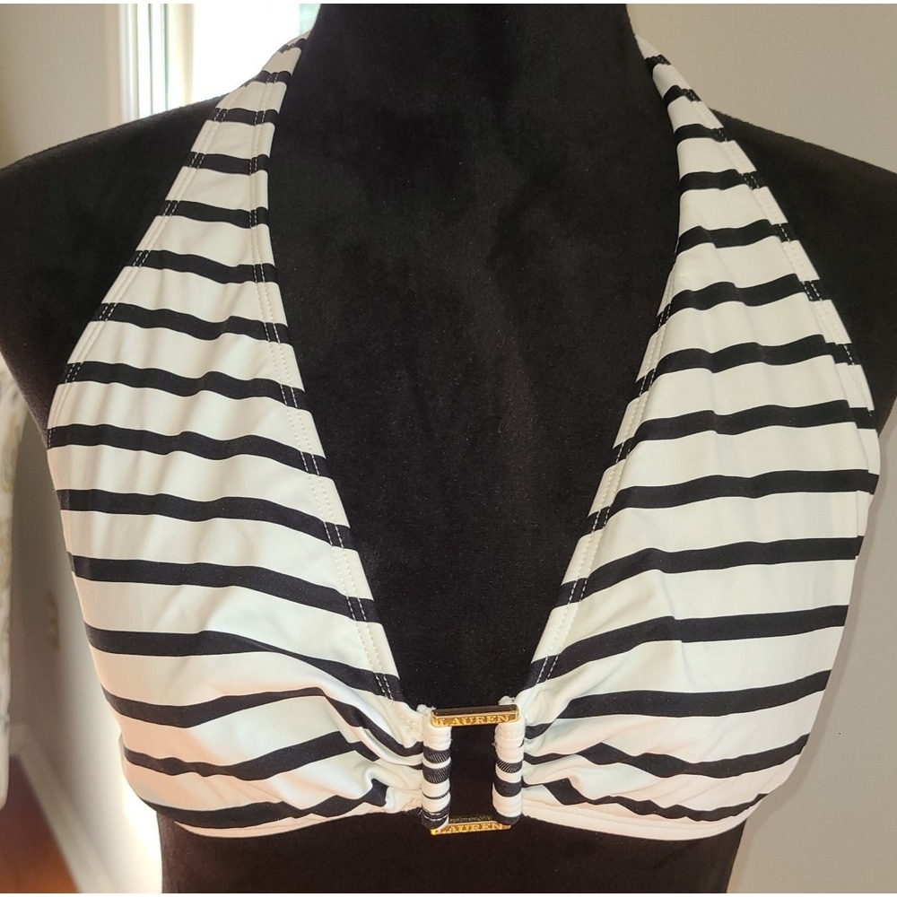 Lauren Ralph Lauren Chic Striped Halter Bikini Top Black White Sz. 16 Retail $86